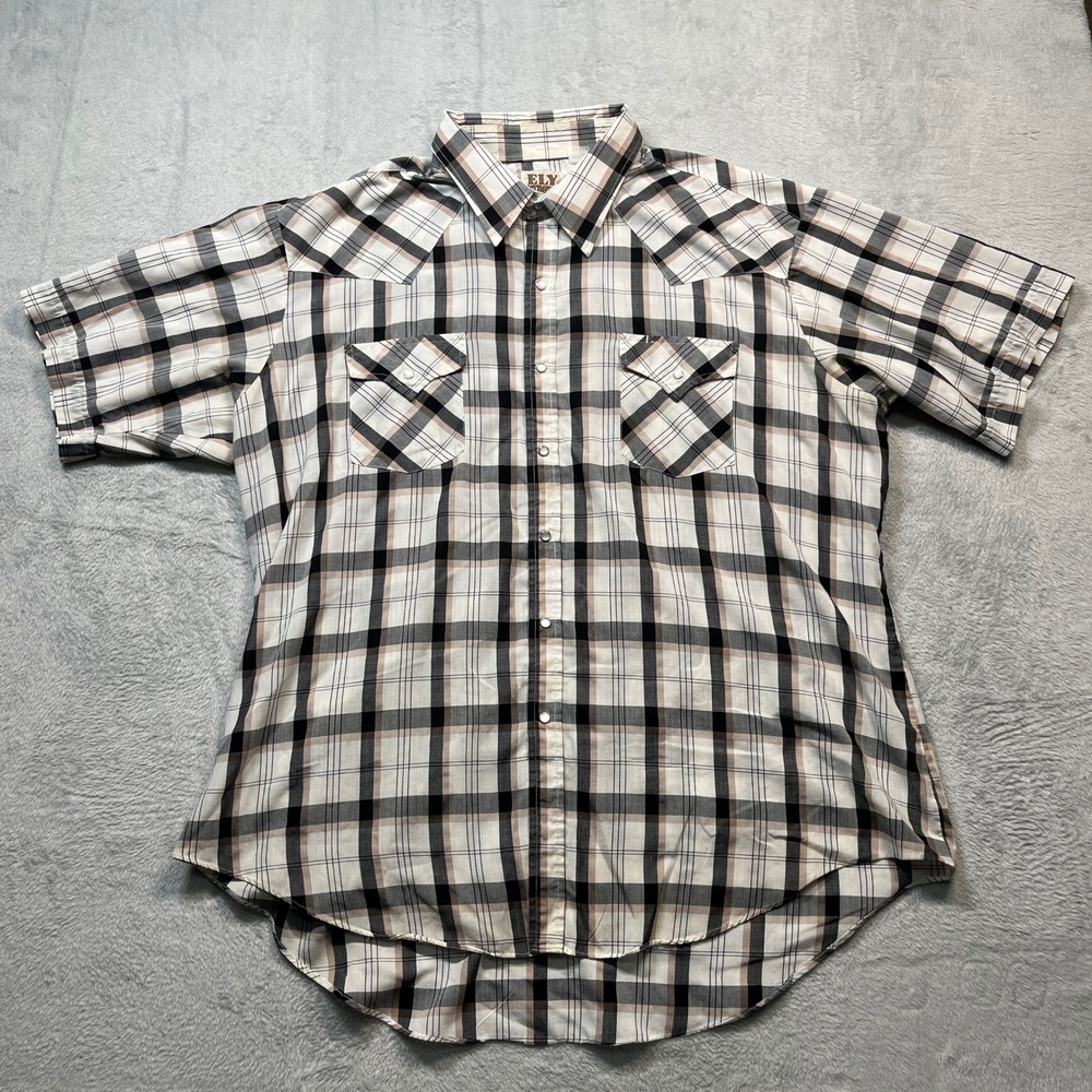 VTG Ely Cattleman Western Shirt Mens Tan Black Plaid Pearl Snap Short Sleeve XXL